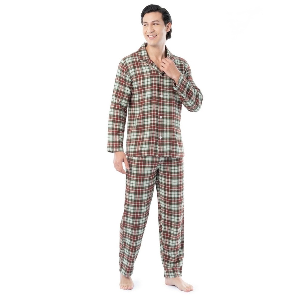 Fruit of the Loom Mens Flannel Pajama Set M Red Green Plaid Sleepwear New - Picture 2 of 8